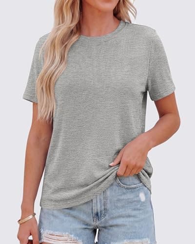 KIRUNDO Short Sleeve Tops for Women Summer Trendy Casual Crew Neck Plain T Shirts Soft Knit Basic Tunic Tees Fashion Clothing(Grey, X-Large) - Thumbnail 4