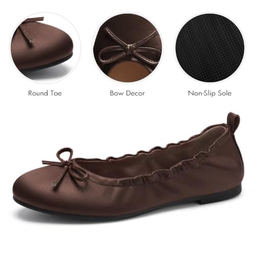 Coutgo Women's Ballet Flats, Bow Round Toe Slip On Dress Shoes Comfortable Flats for Work Casual, Chocolate Satin, Size 6.5 - Thumbnail 5