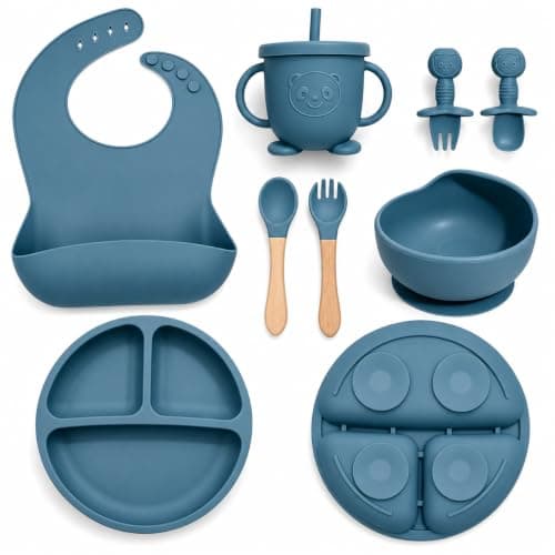 Baby Led Weaning Supplies, 8 Piece BPA-Free Silicone Feeding Set, Silicone Suction Bowl, Forks & Spoons, Bib & Cup, Develops Self Feeding Skills, Dishwasher Safe, for 6+ Months (Blue) - Image 1