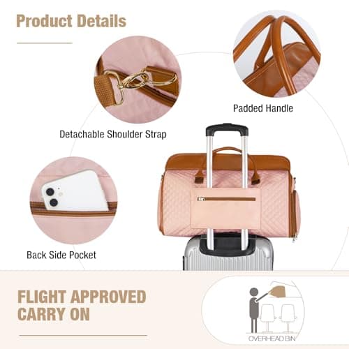 Tonyeee Convertible Garment Duffel Bags for Travel, Carry On Garment Bag with Shoe Compartment, 3 in 1 Foldable Suit Duffle Bag for Women, Jenni Bag for Hanging Clothes, Pink (1Pcs Set) - Thumbnail 5