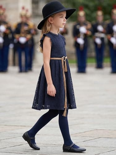 ALLOVIN Toddler and Girls Vintage Boho A-Line Lace Dress with Belt Pom Pom Trim Birthday Party Dress | Navy Blue | 10-11Y - Thumbnail 3