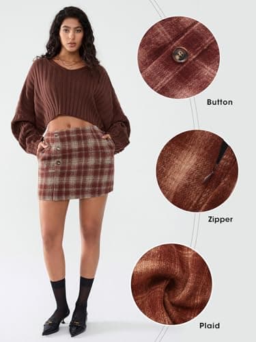 EXLURA Womens Faux Wool Plaid Mini Skirt Elastic High Waisted Tweed Skirts Button Bodycon Skirt Fall Winter Outfit Pocket - Thumbnail 4