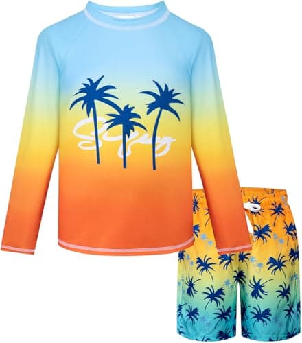 Belovance Boys Two Piece Rash Guard Swim Set Kids Long Sleeve Bathing Suit Swimwear Shirt with Trunks Swimming Suits Surfing Beach Clothes Quick Dry Size 11 12 Blue Orange Coconut Tree - Image 1