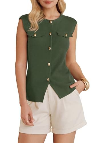 Arach&Cloz Womens 2026 Spring Fashion Button Down Crew Neck Sweater Vest Dressy Business Casual Tops Trendy St Patrick's Day Old Money Work Summer Sleeveless Blazers Outfits Army Green XXL - Image 1