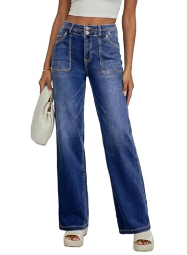 EVALESS Womens High Waisted Wide Leg Jeans Trendy Fashion Stretchy Boyfriend Tummy Control Straight Leg Jeans Loose Zimbaplatinum Denim Pants Bluing Size 10 - Image 1