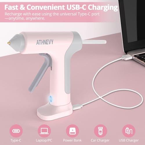 Cordless Hot Glue Gun, 4V 10s Fast Preheat, USB-C, 2000mAh Battery with Indicator, Smart Temp Control, Anti-Drip, Auto-Off, 30×7mm Glue Sticks, DIY Crafts, Home Repair, School Project (Light pink) - Thumbnail 6