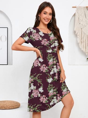 DEARCASE Women's Dresses Flower Wine Red X-Large Short Sleeve A line Summer Beach Midi Sundress Casual Wedding Guest Flowy Swing Cocktail Party Holiday Spring Travel Long Dress with Pockets - Thumbnail 3