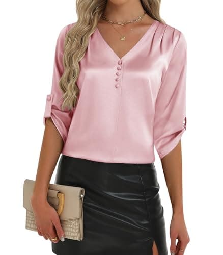 2026 Womens 3/4 Sleeve Shirts Dressy Casual Tops Pleated Satin Silk Business Blouses Pink - Image 1