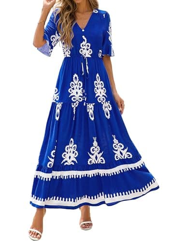 BTFBM Womens Summer Dresses 2026 Spring Casual Short Sleeve v Neck Boho Floral Flowy A-Line Tiered Maxi Dress Pockets(Floral Blue White, Medium) - Thumbnail 4