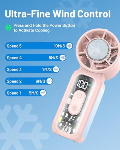 W & O Portable Handheld Mini Fan with Semiconductor Cooling,Speed (1-199) Personal Turbo Fan 4300mAh Rechargeable,Powerful 20000RPM Pocket Hand Fans for Travel/Makeup/Outdoor/Home (Pink ICE) - Thumbnail 6