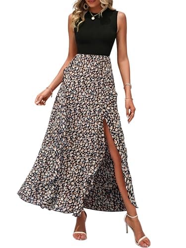 BTFBM Summer Dresses for Women 2026 Casual Spring Floral Sleeveless Ruffle Boho Cocktail Wedding Guest Party Midi Dress(Floral Black, Medium) - Image 1