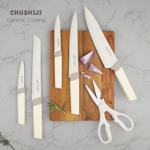 CHUSHIJI 15-Piece Kitchen Knife Set with Block, Premium High Carbon Stainless Steel, 8-Inch Chef Knife & 6 Steak Knives, Sharp Dishwasher Safe Durable Cutlery for Home Cooking, White - Thumbnail 4