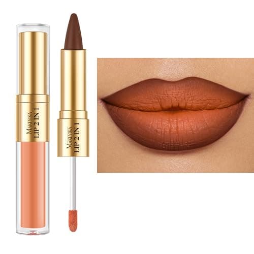 MAKI YIKA Brown Matte Lip Liner Orange Matte Liquid Lipstick Combo for Women 2in1 Long Lasting Lipsticks for Ombre Lips Waterproof Lipliner Lip Stick fCruelty Free,LGA06 - Image 1