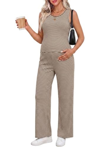 BLENCOT Maternity Sets Summer Sleeveless 2 Piece Outfits Lounge Sets Pajamas Matching Set Comfy Pregnancy Clothes Brown L - Image 1