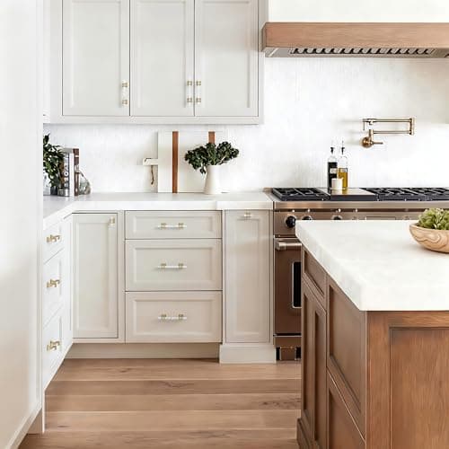 Haliwu 10 Pack White Marble Grain Cabinet Knobs, 2 Tone T-bar Gold Kitchen Handles, Solid Square Dresser and Drawer Pulls - Thumbnail 6