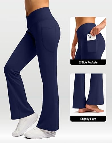 SANTINY Women's Fleece Lined Pants Crossover Yoga Pants High Waisted Bootcut Lounge Water Resistant Thermal Warm Flare Leggings for Women with Pockets 28 Inch(Navy_XXL) - Thumbnail 6