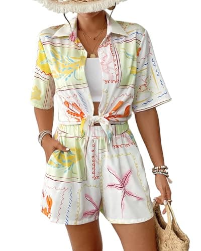 Bsubseach 2 Piece Short Sets for Women Tropical Printed Short Sleeve Button Down Shirt and Shorts Summer Beach Vacation Set White XL - Image 1