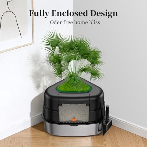 Chumajor XXL Stainless Steel Corner Cat Litter Box with Lid, Enclosed Hidden Plant Litter Box with Artificial Plant, Easy-Clean Covered Decorative Litter Box for Large Cats, Black - Thumbnail 2