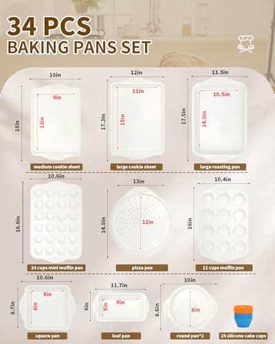 Ymiton Baking Pans Set with Silicone Handles, 34 PCS Nonstick Bakeware Sets, Oven Pan Set Includes Baking Tray, Cookie Sheet, Cake Pans, Loaf Pan, Muffin Pan, Pizza Pan - Thumbnail 4