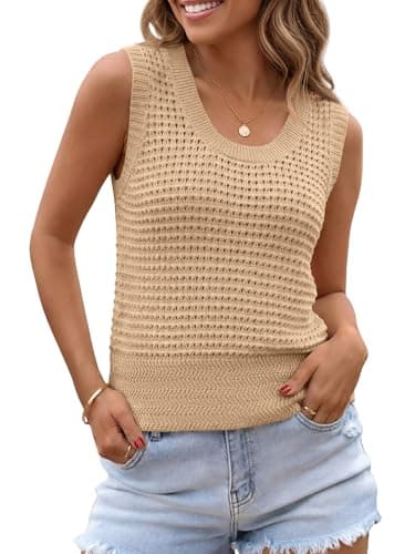 Saodimallsu Womens Summer Crochet Cover Up Sleeveless Scoop Neck Mesh Knit Beach Vacation Sweater Vest Khaki - Image 1