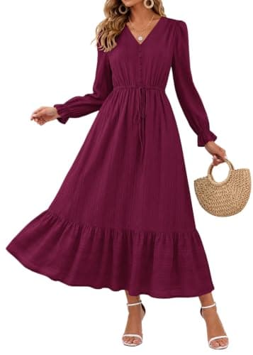 Lazysmile Women's Long Sleeve Maxi Dresses 2026 Fall V Neck Button Down Tie Waist Swing Casual Boho Dress with Pockets Wine Red - Image 1