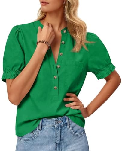 Cicy Bell Womens Puff Sleeve Tops Button Down Shirts Summer Casual Collared V Neck Cotton Blouse Green - Image 1