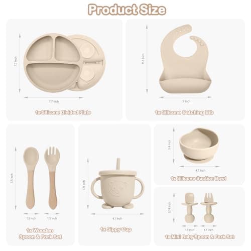 Baby Led Weaning Supplies, 8 Piece BPA-Free Silicone Feeding Set, Silicone Suction Bowl, Forks & Spoons, Bib & Cup, Develops Self Feeding Skills, Dishwasher Safe, for 6+ Months (Beige) - Thumbnail 2