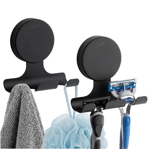TAILI 2 Pack Powerful Suction Cup Razor Holder, 304 Stainless Steel Bathroom Suction Hooks for Towel, Loofah, Bathrobe, Stylish Shaver Holder for Shower Wall, Easy to Install and Reuse, Black - Image 1