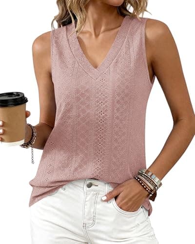 BTFBM Womens Tank Tops 2026 Summer Eyelet Crossed V Neck Sleeveless Casual Loose Fit Basic Spring Top Vacation Outfits(Pink, Small)
