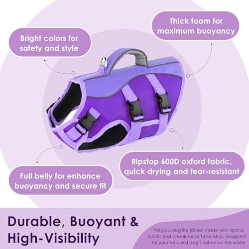 Petglad Dog Life Jacket, High Buoyancy Dog Life Vest with Handle for Swimming Boating, Adjustable Swimming Vest with Reflective Trim for Small Medium Large Dogs - Purple, S - Thumbnail 6