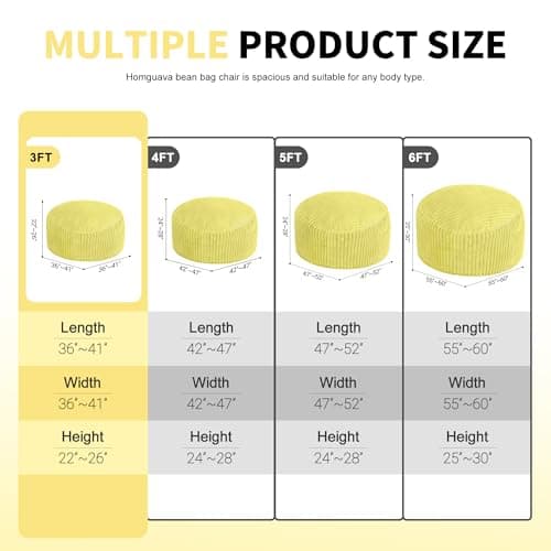 Homguava 3 FT Bean Bag Chair,3' Big Bean Bag,Large Bean Bag Chairs for Adults with Memory Foam Filled,Comfy Beanbag Chairs Soft Bean Bag Sofa with Dutch Corded Plush Cover-Yellow - Thumbnail 2