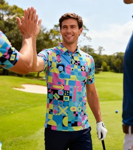 uideazone Mens Polo Shirts Athletic Dry Fit Golf Shirt 80S 90S Colorful Geometry Golf Polos Performance Tennis Shirt S - Thumbnail 2