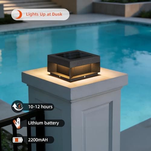 VZVI Solar Post Lights Outdoor, 7.9'' Pillar Lights Waterproof, 3000K Fence Column Cap Light Dusk to Dawn Solar Powered Lantern, Modern Lamp Posts Outdoor Lighting Fixture for Yard Pathway Deck Garden - Thumbnail 4