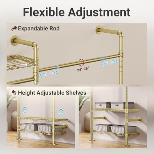 Timate X3 Expandable Heavy Duty Clothes Rack Wall Mounted Clothing Rack for Hanging Clothes, Industrial Pipe Closet System for Walk in Closet Kit, Wall Mount Clothes Rack with Basket, Gold Wall Closet - Thumbnail 6