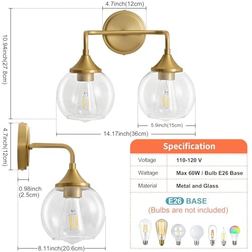 Gednbo Gold Bathroom Vanity Light with Clear Glass Shade, E26 Base, 2-Light Bathroom Light Fixtures Over Mirror, 14 Inch Vanity Lights for Bathroom (Exclude E26 Bulb) - Thumbnail 4