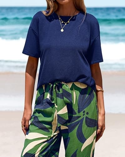 PRETTYGARDEN Women Summer 2 Piece Outfits 2026 Short Sleeve Knit Top Floral Print Belted Wide Leg Pant Sets With Pockets(Flroal Army Green,Small) - Thumbnail 4