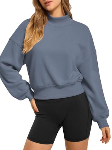 ATHMILE Womens Cropped Sweatshirts Oversized Turtleneck Long Sleeve Tops 2026 Spring Winter Loose Pullover Teen Girls Clothes Grey Blue - Image 1