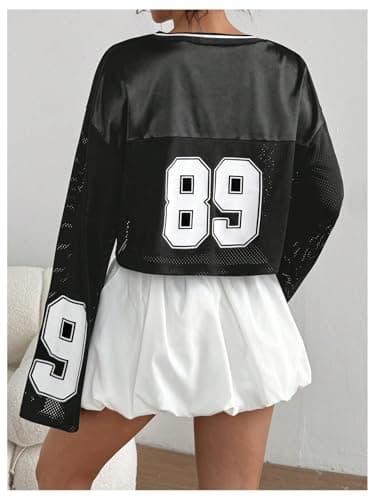 Milumia Women's Jersey Shirts Y2k Number Print Long Bell Sleeve Crop Tops Football Jersey Black Medium - Thumbnail 2