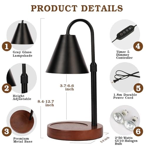 Candle Warmer Lamp with Timer Dimmable,Mothers Day Birthday Gifts for Women Mom, Adiustable Height Modern Candle Warmer Black Candle Lamp for Jar Candle, Home Decor Vintage Wax Warmer with 2 Bulbs - Thumbnail 4
