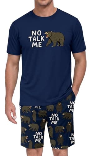 PrinStory Men's No Talk Me Pajama Set, Funny Bear Graphic Tee and Printed Shorts, Novelty Sleepwear Loungewear Set for Home and Quiet Weekends, Navy XL - Image 1
