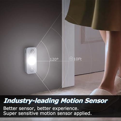 NIEGNOWOO 6 Pack LED Motion Sensor Puck Lights, Rechargeable Cabinet Lights, Stick on Wireless LED Night Light for Closet, Drawer, Shelf, Under Cabinet, Daylight White, USB Charging Cord Included - Thumbnail 2