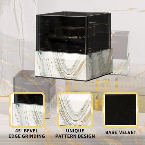 Crystal Glass Candle Holder Suqare with Marble Pattern-Tealight and Votive Candles Holders Centerpiece Table Decorations for Home Décor, Dining Room, Kitchen, Patio (White) - Thumbnail 4