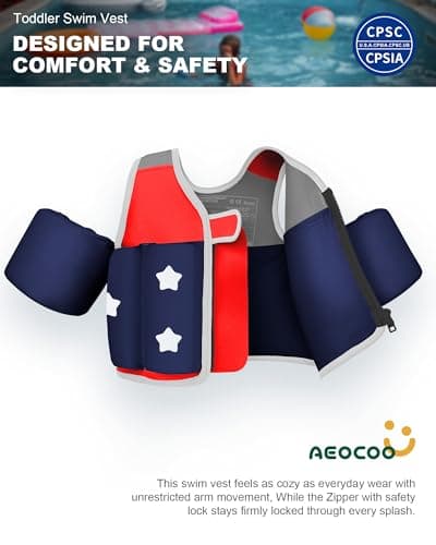 AEOCOO Toddler Swim Vest 20-30-50-70 Pounds, Kids Pool Floaties for 1-2-3-5-7-9 Years Old, Comfortable Wear Bright Float Jacket with Water Ring, Unpadded Sides for Arm Comfort, Boys, Girls, Red - Thumbnail 2