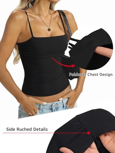 EasyGala Womens Cotton Foldover Tank Tops Sexy Square Neck Spaghetti Strap Cami Basic Summer Low Cut Camisole Fitted Y2K Trendy Going Out Shirts 2026 True Black X-Small - Thumbnail 3