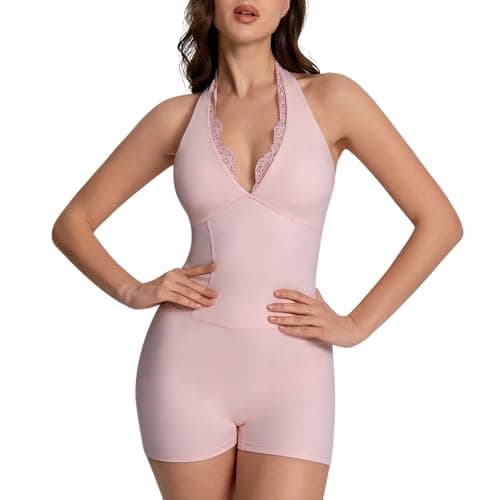 KAIFUYING One Piece Workout Jumpsuits For Women Backless Bodycon Bodysuits Lace Trim V-Neck Short Sexy Workout Sets Pink-S - Image 1