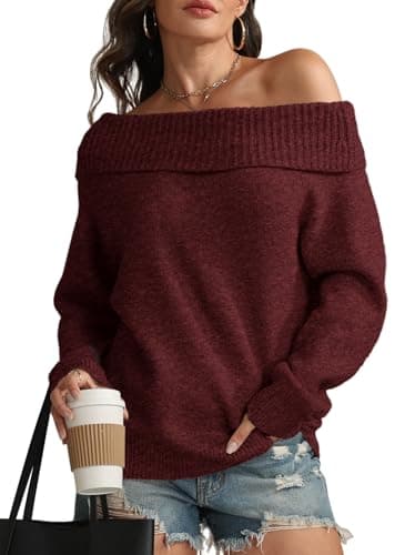 ATHMILE Womens Off The Shoulder Sweaters Oversized Batwing Sleeve Loose Pullover Fall Outfits Winter Fashion Tops 2026 Wine Red - Image 1