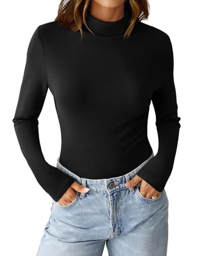 GKBK Womens Long Sleeve Shirts Mock Turtleneck Turtle Neck Fall Fashion Basic Thermal Underwear Layer Tops Tight Slim Fit Cute Ribbed T-Shirts Winter Pullover Clothes 2025 Black M - Thumbnail 2
