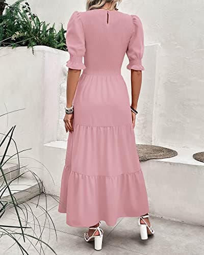 BTFBM Women Casual Summer Dresses 2026 Spring Crew Neck Ruffle Short Sleeve Smocked Floral Boho Flowy Maxi Dress Clothes(Solid Light Pink, Medium) - Thumbnail 4