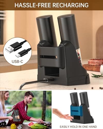CIRCLE JOY Electric Salt and Pepper Grinder Set Automatic Salt and Pepper Grinder Set with Easy-to-Carry Charging Base and LED Light, USB Rechargeable, Upgrade External Adjustable Coarseness - Thumbnail 3