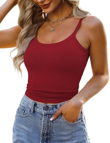 GKBK 2 Pack Womens Sleeveless Tank Top Form Fitting Spaghetti Strap Scoop Neck Ribbed Knit Workout Lounge Basic Slim Fitted Crop Summer 2025 Cami Layering Casual Shirts White Red XL - Thumbnail 2